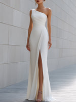 One-Shoulder Draped Column Gown With Front Slit