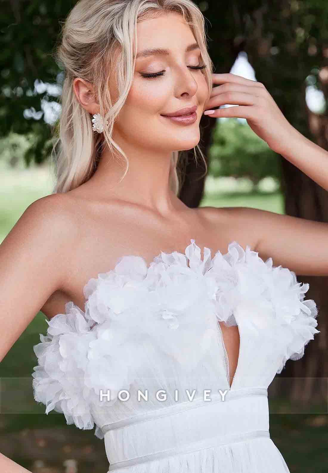 Floral Trim Layered Hem Mesh Tube Floor-Length Ruched Strapless Wedding Dress