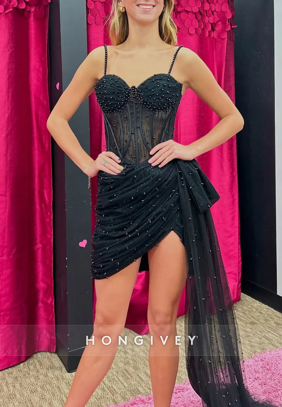 Side Draping Spaghetti Straps Sweetheart Homecoming Dress with Beading and Ruffles