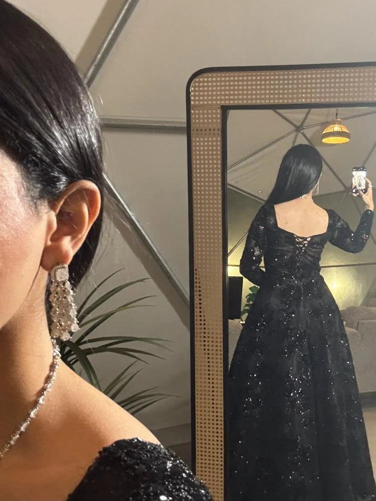 Black Square Neck Beaded Sequins Sparkle Long Sleeve A-Line Evening Dress