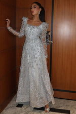 Exquisite Long Sleeve Square Neck A-Line Embroidery Evening Dress