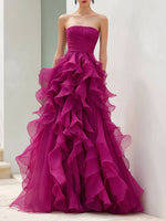Strapless Magenta Ruffled Ball Gown
