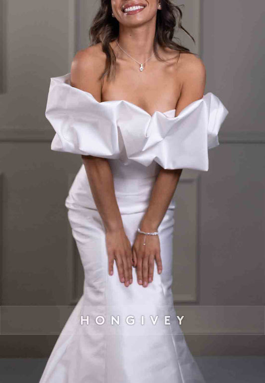 Off the Shoulder Trumpet Pleated Simple Satin Sweep Train Wedding Dresses