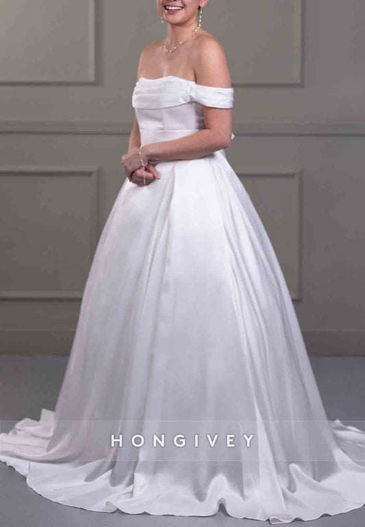 Off the Shoulder Princess Sweep Train Bowknot Satin Wedding Dresses