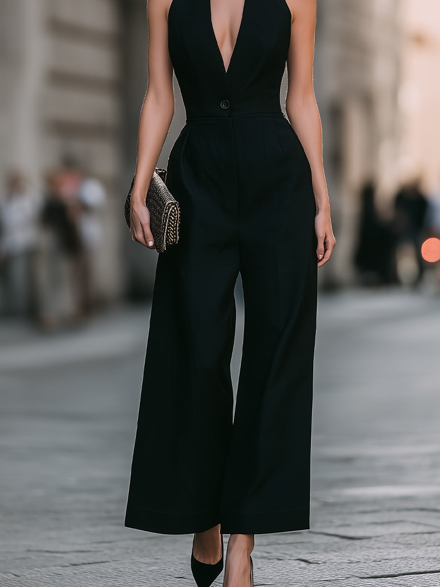 Halter Deep V Wide-Leg Jumpsuit