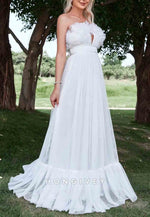 Floral Trim Layered Hem Mesh Tube Floor-Length Ruched Strapless Wedding Dress