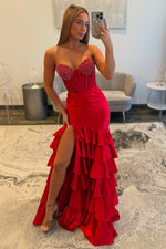 Mermaid Sweetheart Red Satin Ruffles Corset Beaded Long Prom Dresses with Side Slit