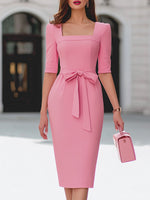 Pink Square-Neck Belted Midi Sheath Dress