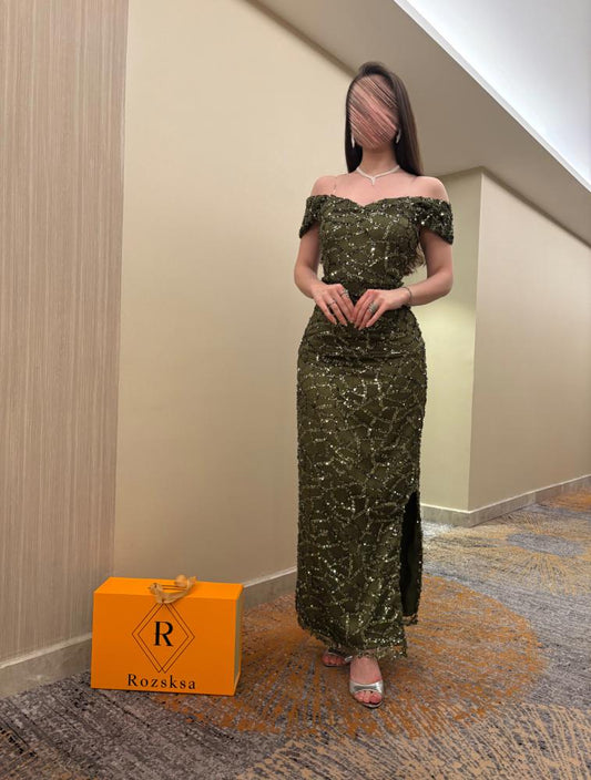 Green Sequins Sparkle Off the Shoulder Sleeveless Mermaid Side Evening Dress Ankle-Length