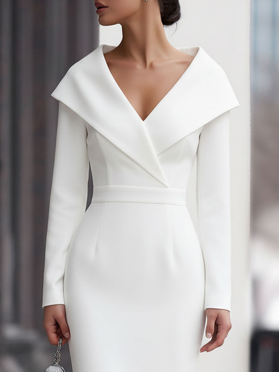 Oversized Collar Fitted White Midi Evening Dress