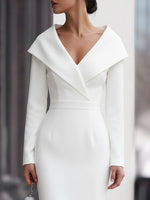 Oversized Collar Fitted White Midi Evening Dress