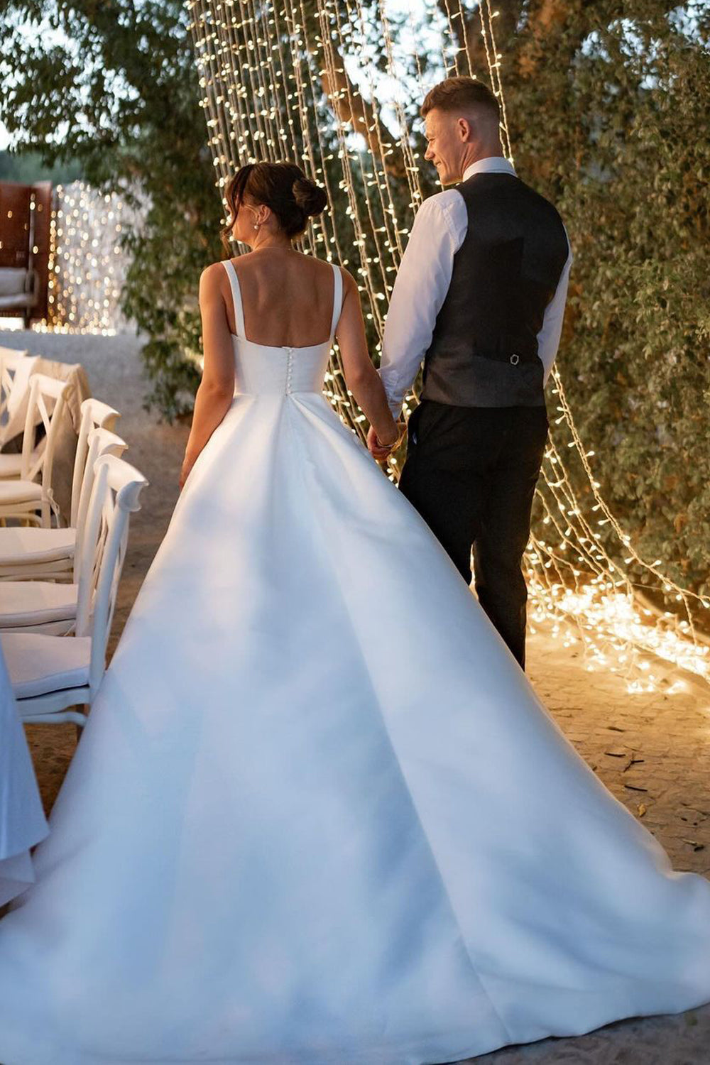 Fashion A Line Square Neck Satin Long Wedding Dresses with Slit