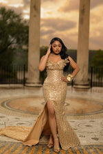 Modern Strapless Champagne Gold Prom Dress Mermaid Sequins Long With Split Crystals