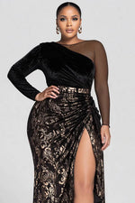 Plus Size Formal Black All Over Print Round Neck Long Sleeve Contrast Elegant Split Velvet Maxi Dresses