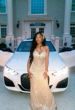 Modest Mermaid Halter Champagne Prom Dresses With Sequin Evening Party Formal Gown