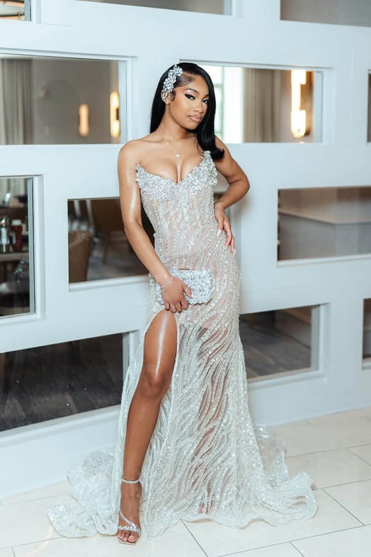 Silver V-Neck Sleeveless Prom Dress Mermaid Slit With Sequins Beadings Lace-up Back