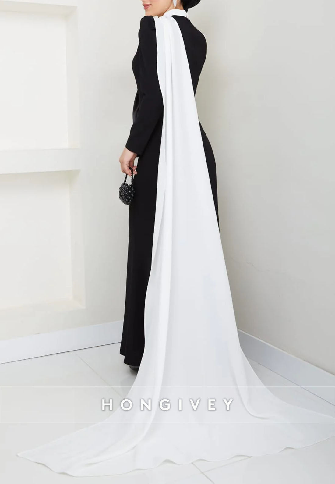 Black and White Long Sleeves High Neck Side Draping Trumpet Evening Gowns
