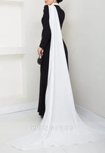 Black and White Long Sleeves High Neck Side Draping Trumpet Evening Gowns