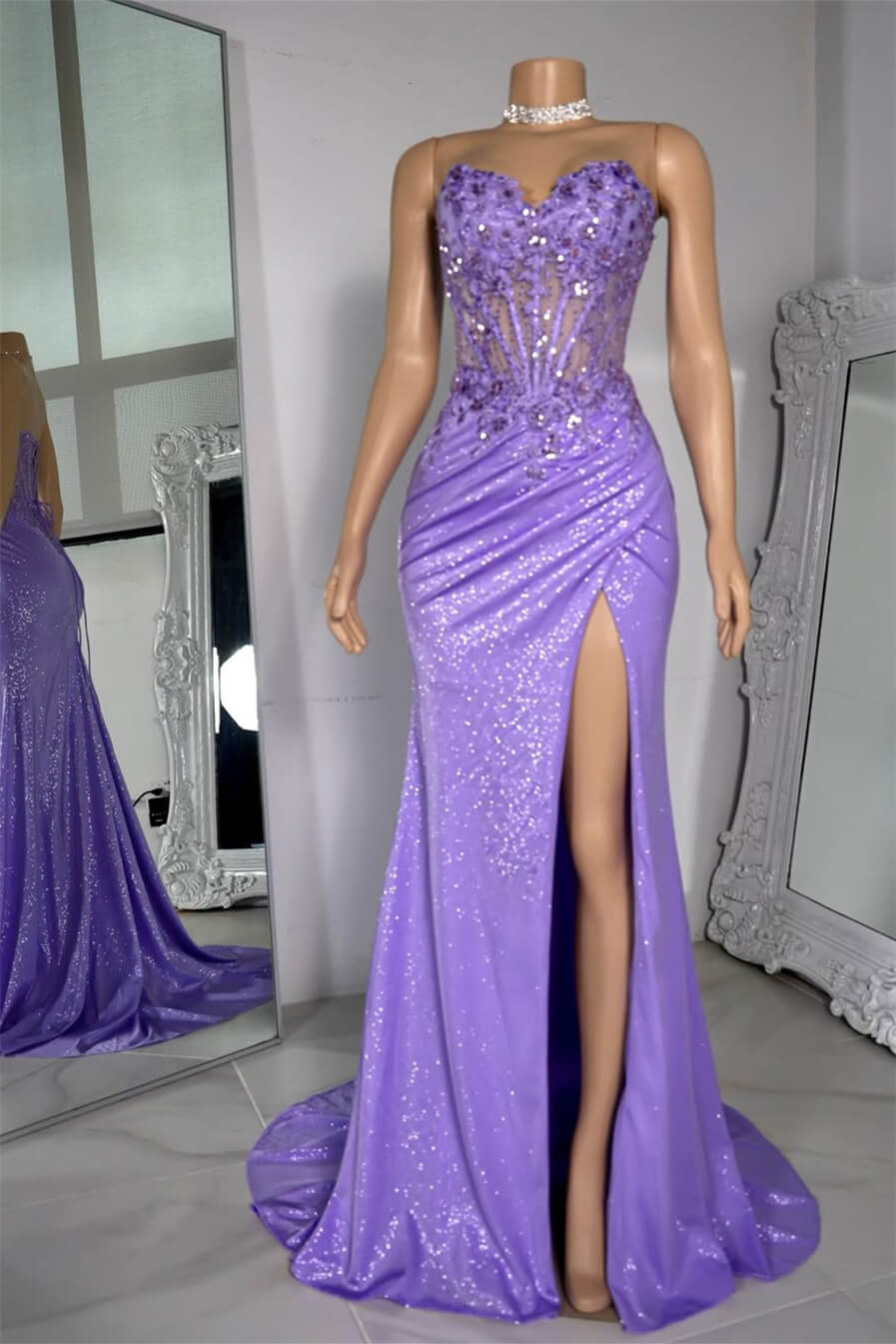 Classic Lilac Sweetheart Sheath Sleeveless Mermaid Prom Dresses Split With Sequins Appliques Lace-up Back