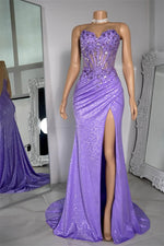 Classic Lilac Sweetheart Sheath Sleeveless Mermaid Prom Dresses Split With Sequins Appliques Lace-up Back
