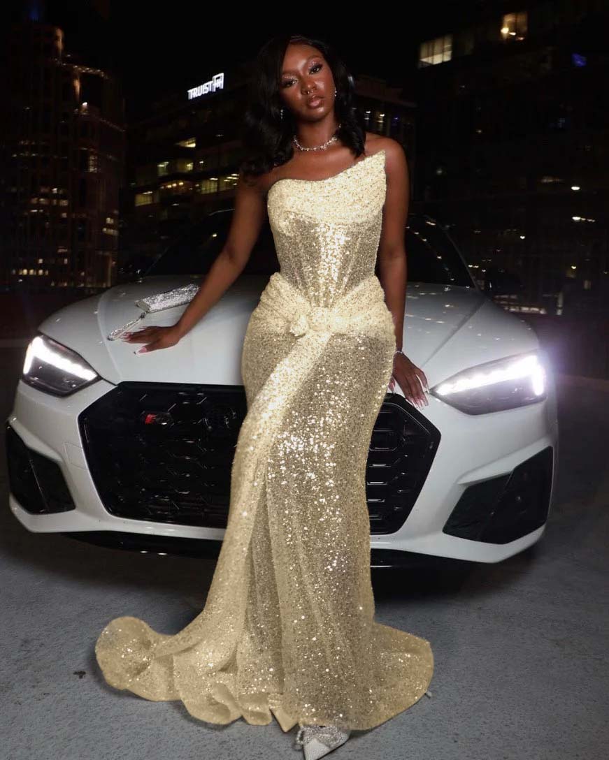 Hidais Tulle Asymmetric Strapless Sleeveless Long Pleated Mermaid Prom Dress With Sequins And Ruffles