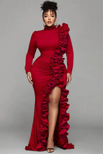 Plus Size Formal Black Round Neck Long Sleeve Split Elegant Ruffle 3D Satin Maxi Dresses