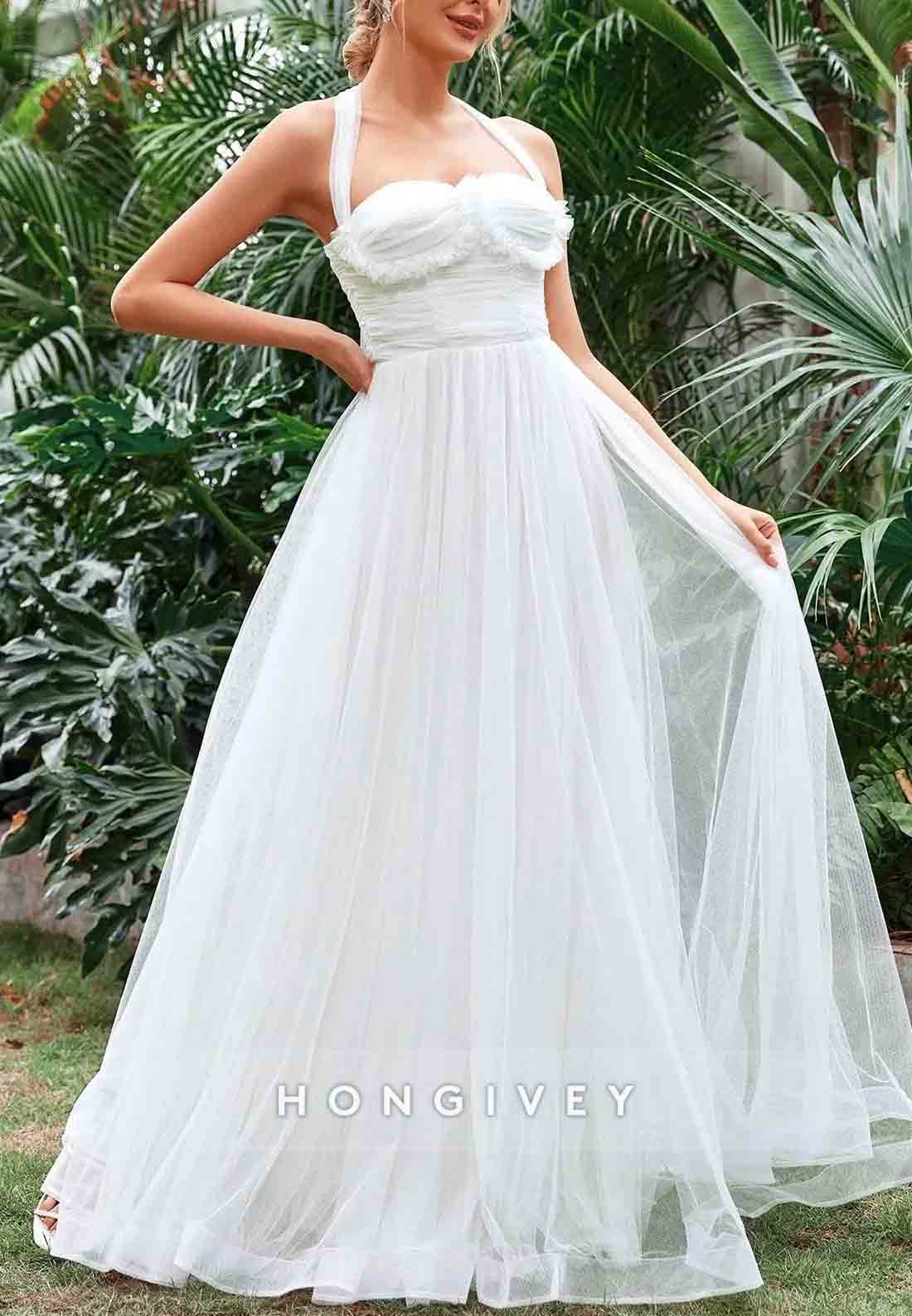 Halter Neck A-Line Ruched Bustier Mesh Floor-Length Wedding Dress