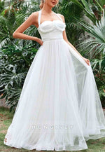 Halter Neck A-Line Ruched Bustier Mesh Floor-Length Wedding Dress