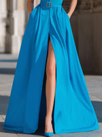 High-Slit Belted Mandarin-Collar Maxi Evening Dress