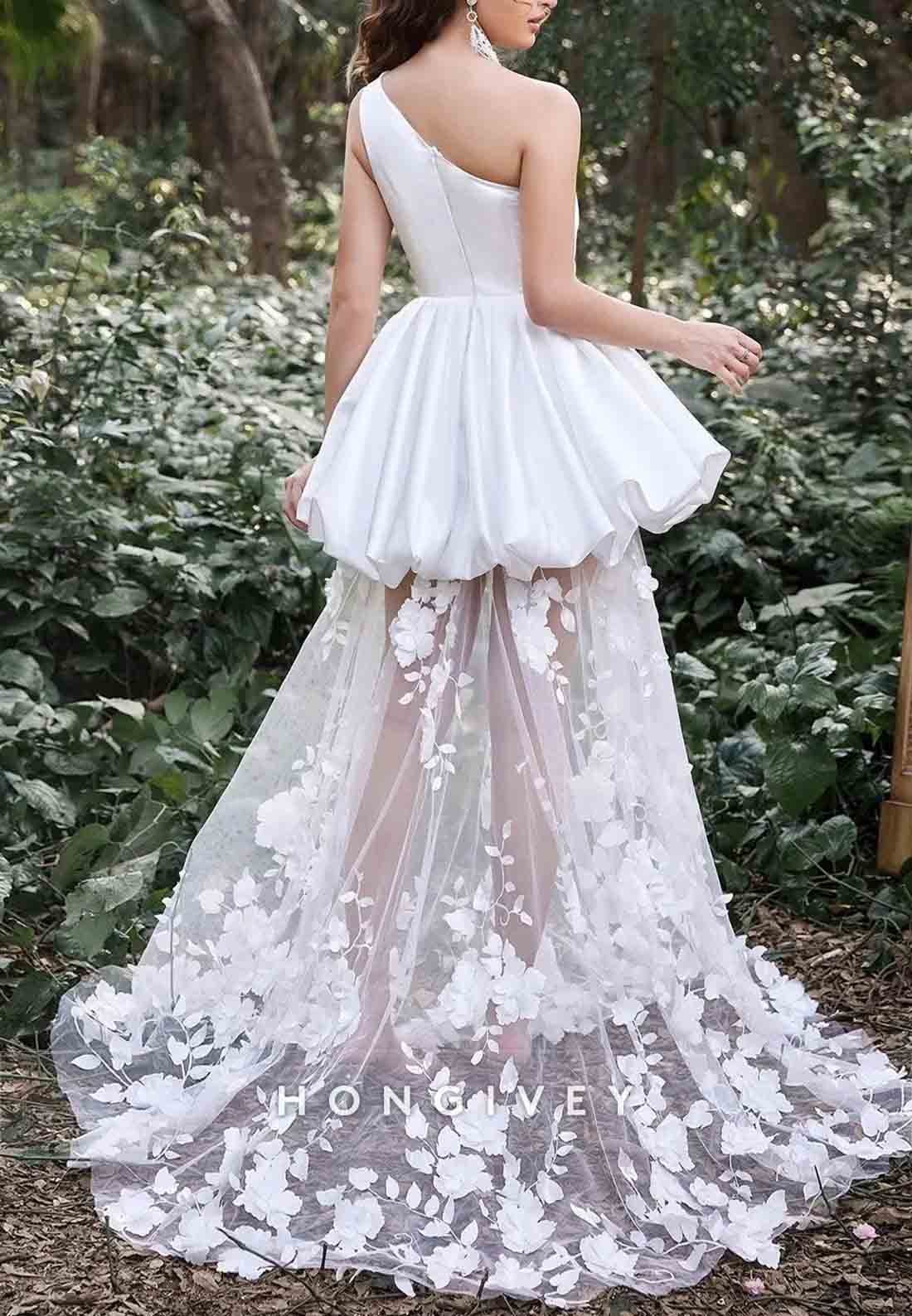 Gorgeous One Shoulder Satin Bodice Contrast Applique Tulle Overlay Wedding Dresses