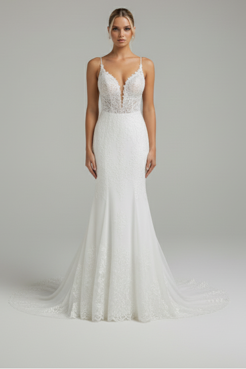 Elegant Ivory Lace Appliqué Mermaid Wedding Dress with Spaghetti Straps Low Back