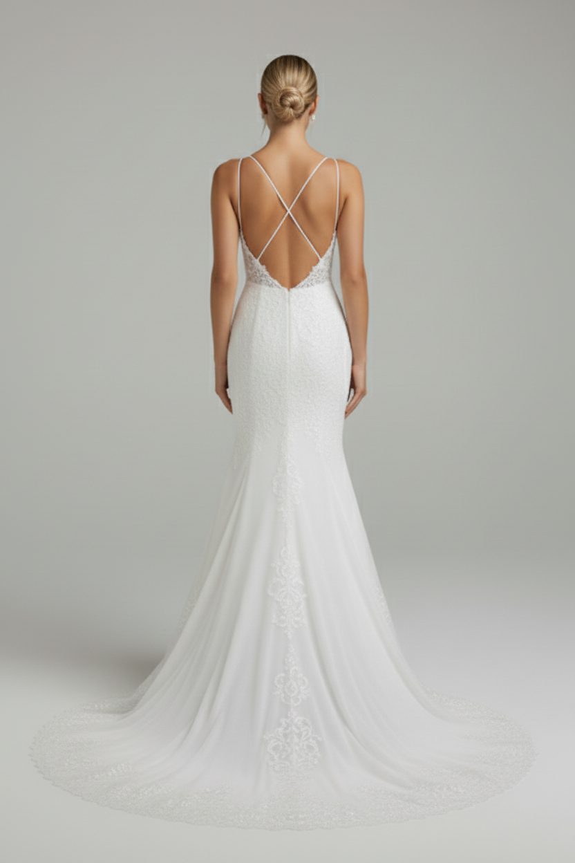 Elegant Ivory Lace Appliqué Mermaid Wedding Dress with Spaghetti Straps Low Back