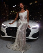 Hidais Tulle Asymmetric Strapless Sleeveless Long Pleated Mermaid Prom Dress With Sequins And Ruffles