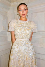 Flutter Sleeve Sequin Bow Tulle Evening Dress