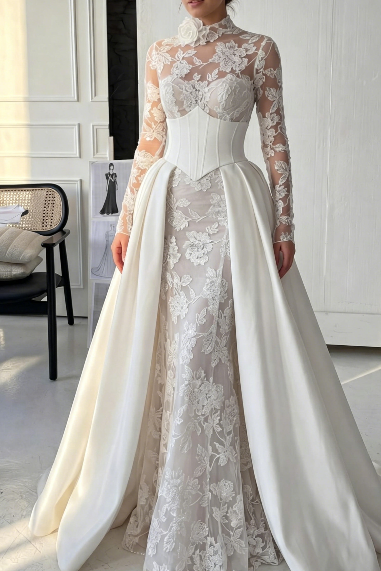 Long Sleeve Lace Bridal Gown with Corset Overskirt