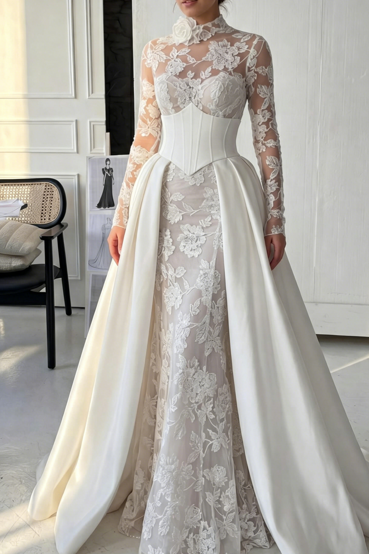 Long Sleeve Lace Bridal Gown with Corset Overskirt