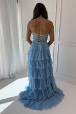 Fashion A Line Sweetheart Light Blue Chiffon Tiered Prom Dress with Lace