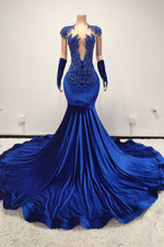 Royal Blue Cap Sleeves Mermaid Prom Dresses Zipper Back With Beadings