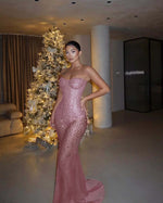 Hidais Red Tulle Strapless Sleeveless Long Mermaid Prom Dress With Sequins And Corset