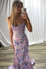 Gorgeous Mermaid Sweetheart Lavender Jacquard Satin Prom Dress with Beading