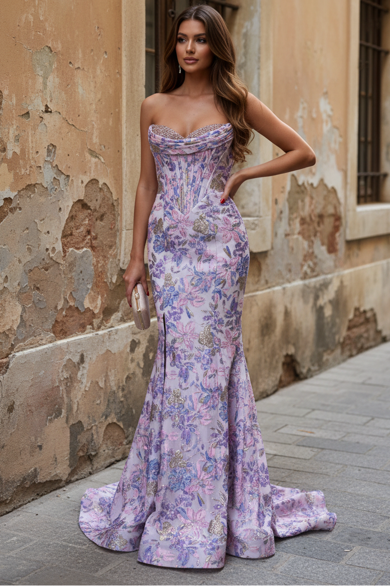 Gorgeous Mermaid Sweetheart Lavender Jacquard Satin Prom Dress with Beading