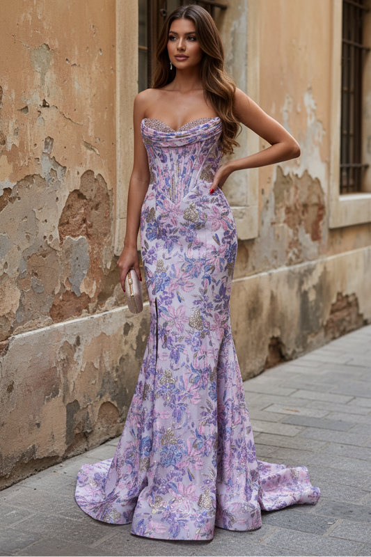 Gorgeous Mermaid Sweetheart Lavender Jacquard Satin Prom Dress with Beading