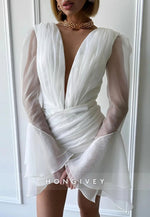 Bell Sleeves V Neck Sheath V Back Wedding Dresses with Ruffles