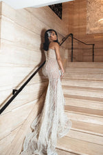 Silver V-Neck Sleeveless Prom Dress Mermaid Slit With Sequins Beadings Lace-up Back