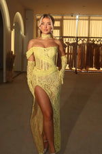 Yellow Off-the-Shoulder Strapless High Split Prom Dress Lace With Gloves