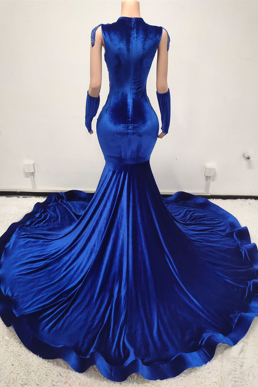 Royal Blue Cap Sleeves Mermaid Prom Dresses Zipper Back With Beadings