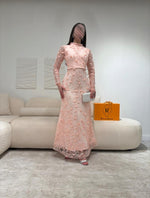 Pink High Neck Lace Sequins Flowers Long Sleeve Mermaid Ankle-Length Evening Dress