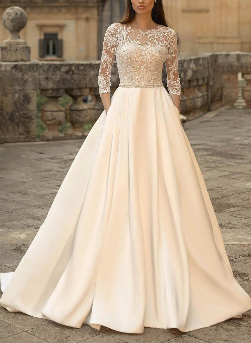 Ball-Gown Satin Wedding Dresses Stunning Lace Sleeves