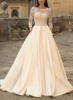Ball-Gown Satin Wedding Dresses Stunning Lace Sleeves