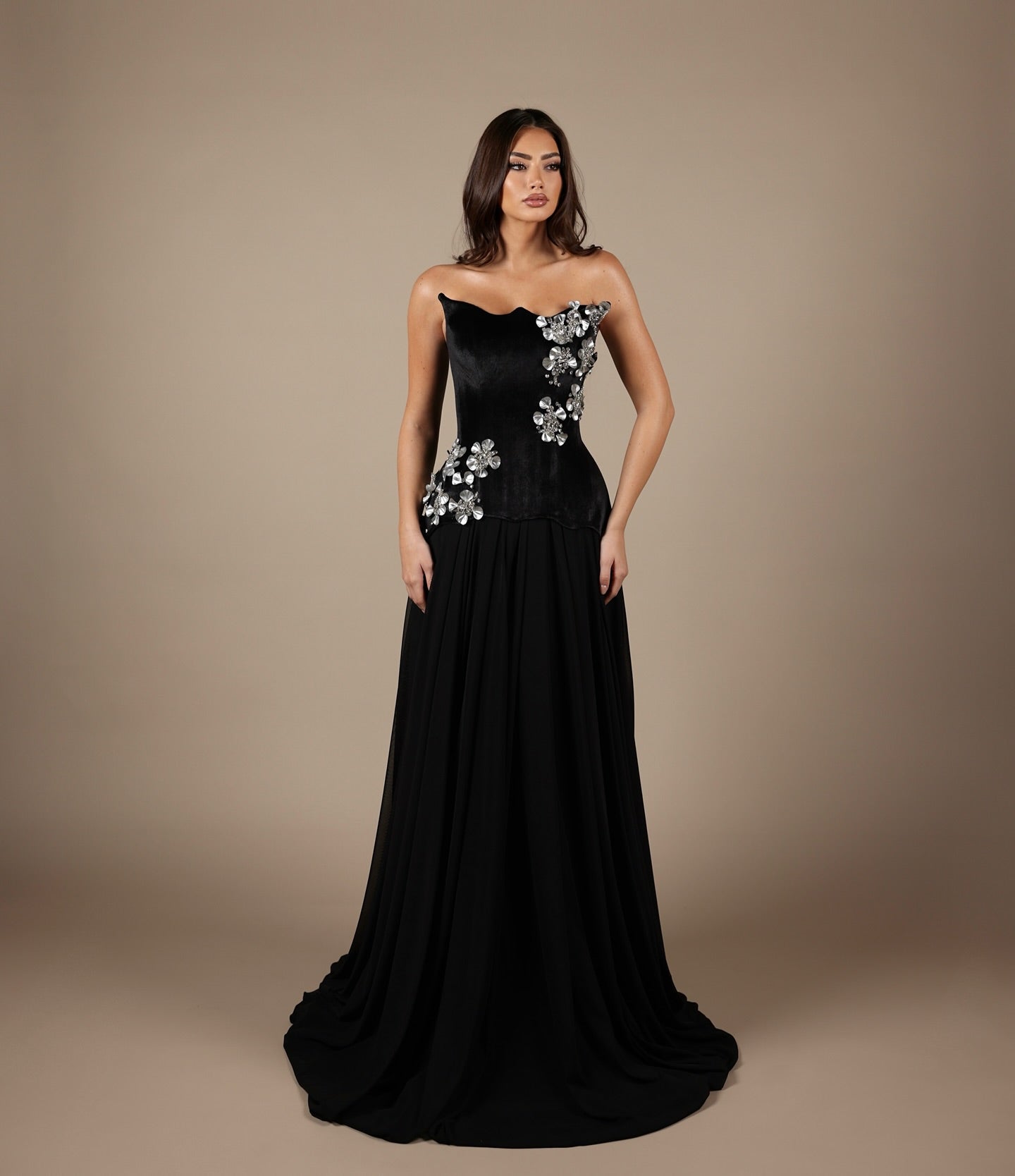 Black Sweetheart Sparkle Flowers Mermaid Floor-Length Evening Dress